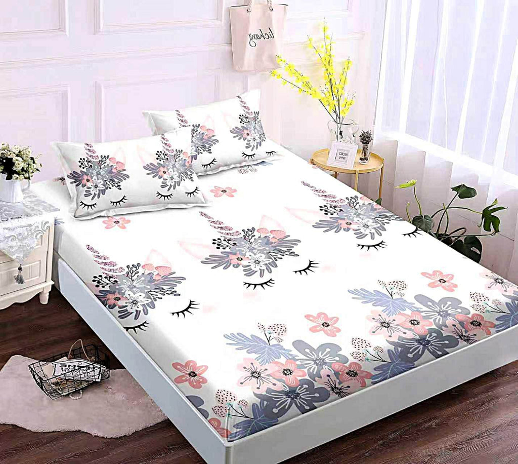 husa cu elastic bumbac finet pat dublu  alb mov unicorni CFJ109