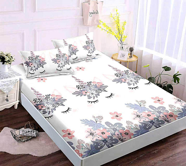 husa cu elastic bumbac finet pat dublu  alb mov unicorni CFJ109