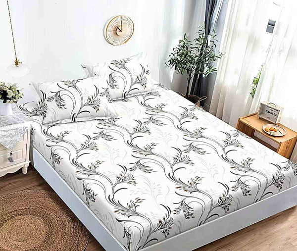 husa cu elastic bumbac finet pat dublu alb negru flori CFJ94