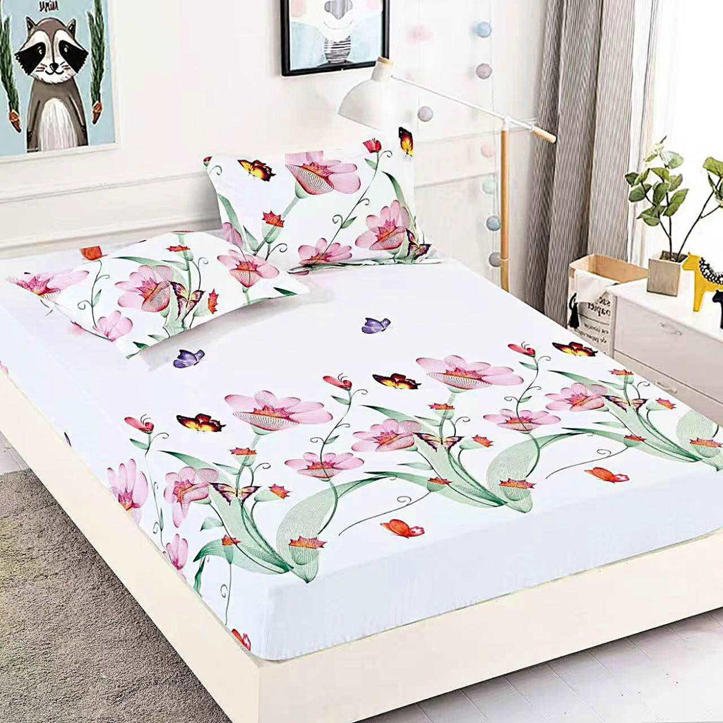 husa cu elastic bumbac finet pat dublu alb flori CFJ08