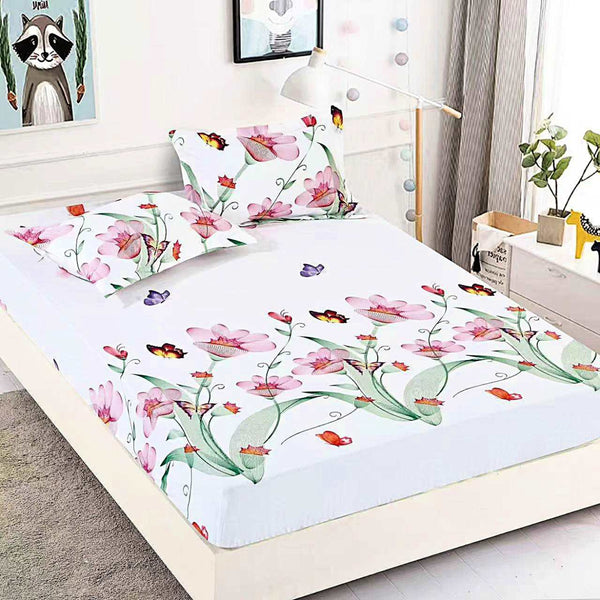 husa cu elastic bumbac finet pat dublu alb flori CFJ08