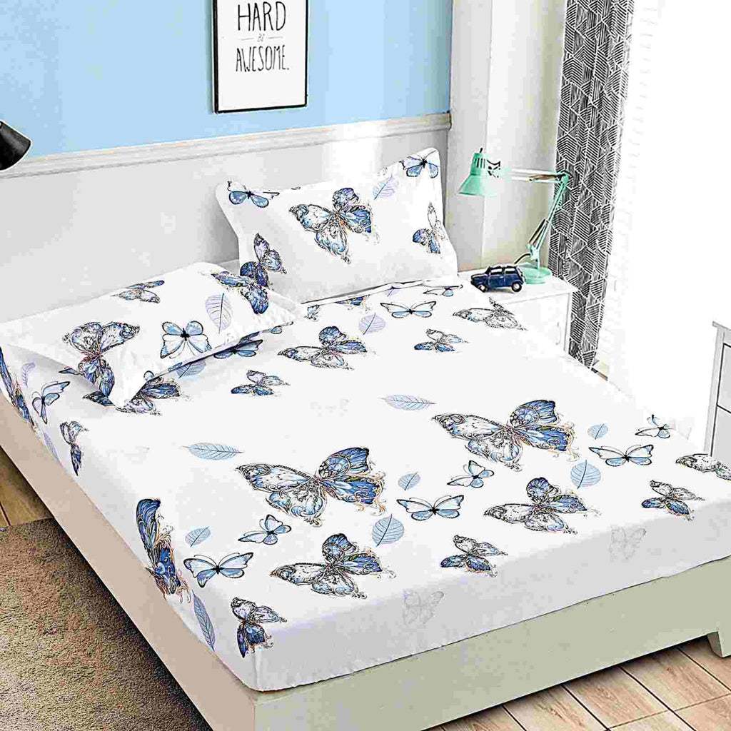 husa cu elastic bumbac finet pat dublu alb albastru fluturi CFJ103