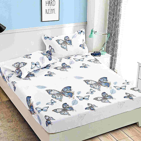 husa cu elastic bumbac finet pat dublu alb albastru fluturi CFJ103