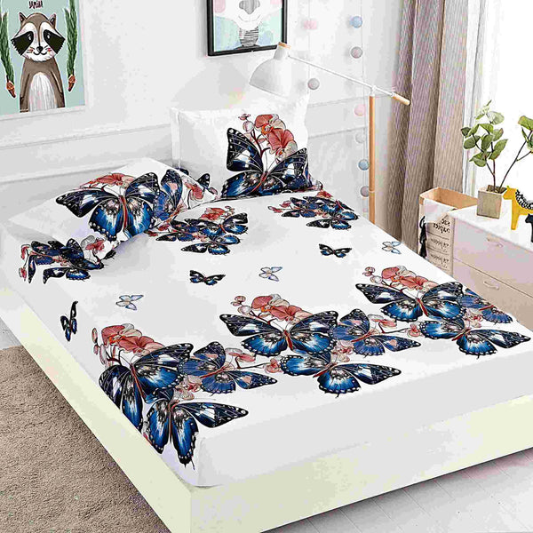 husa cu elastic bumbac finet pat dublu alb fluturi CFJ117