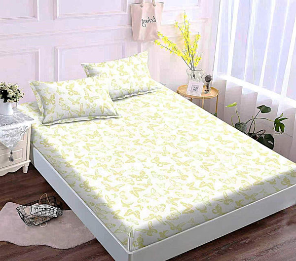 husa cu elastic bumbac finet pat dublu  galben fluturi CFJ115