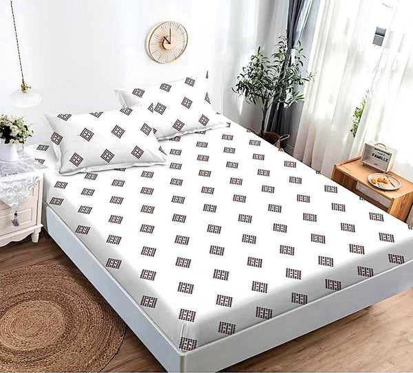 husa cu elastic bumbac finet pat dublu alb patratele CFJ07