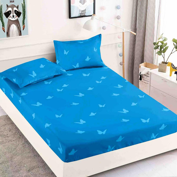 Cearceafuri cu Elastic Bumbac Finet Pat Dublu Albastre Fluturasi CFJ45