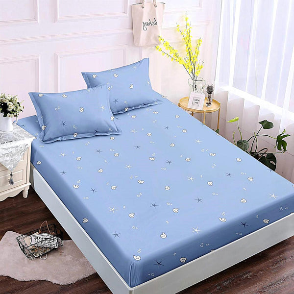 cearceafuri cu elastic bumbac finet pat dublu albastru stelute scoici CFJ193