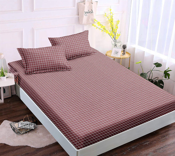 cearceafuri cu elastic bumbac finet pat dublu bordo alb carouri CFJ198