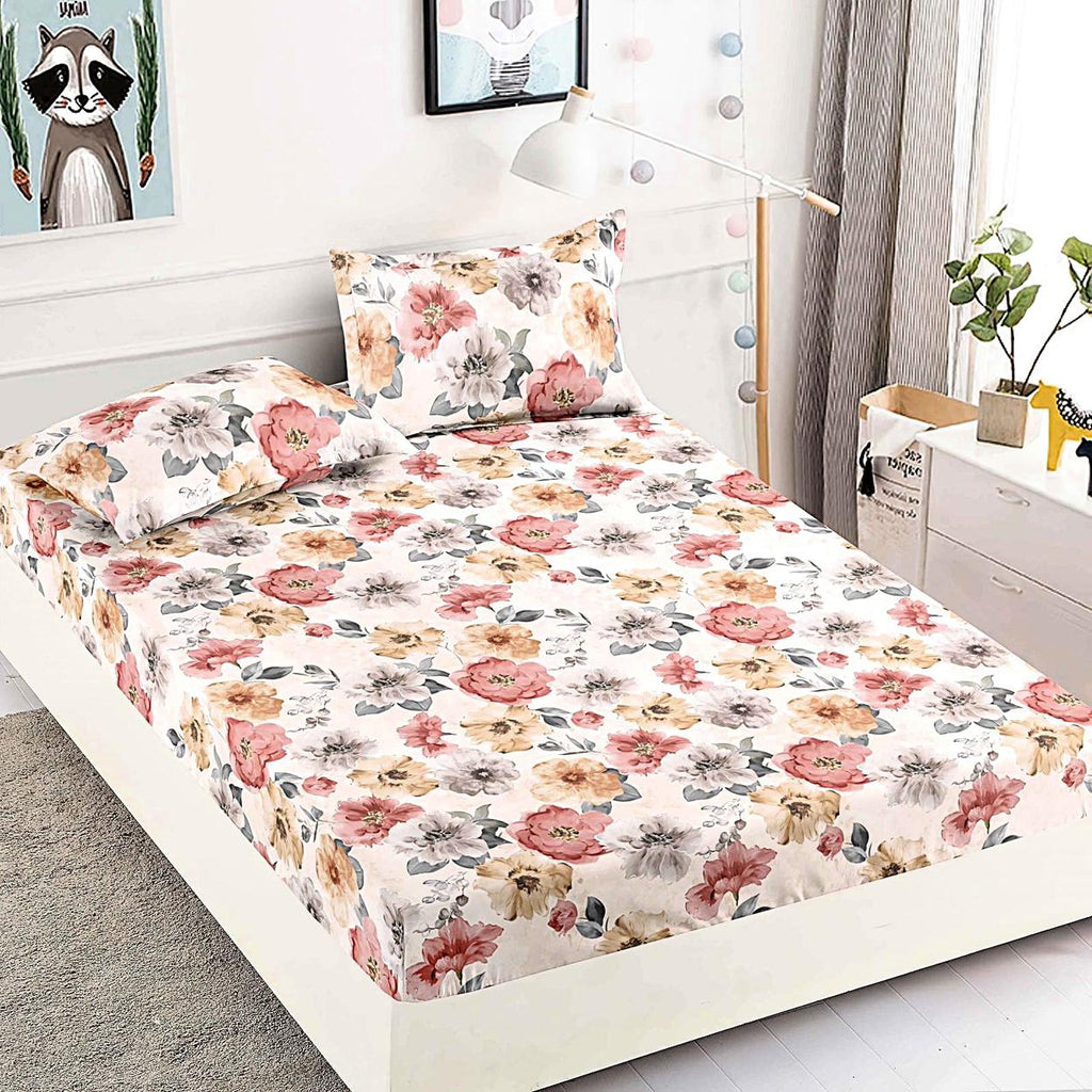 cearceafuri cu elastic bumbac finet pat dublu crem bej flori CFJ190