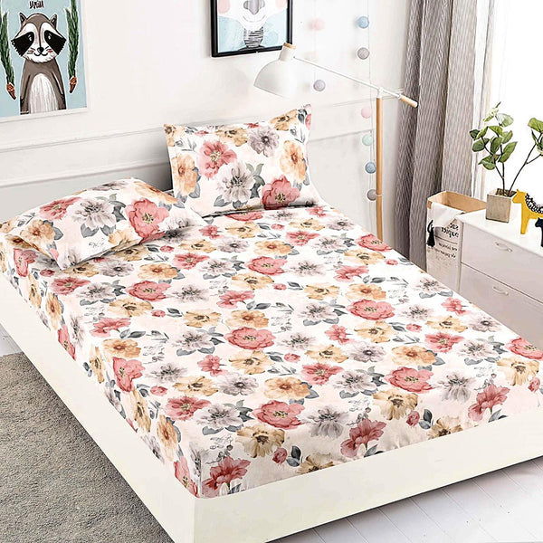 cearceafuri cu elastic bumbac finet pat dublu crem bej flori CFJ190
