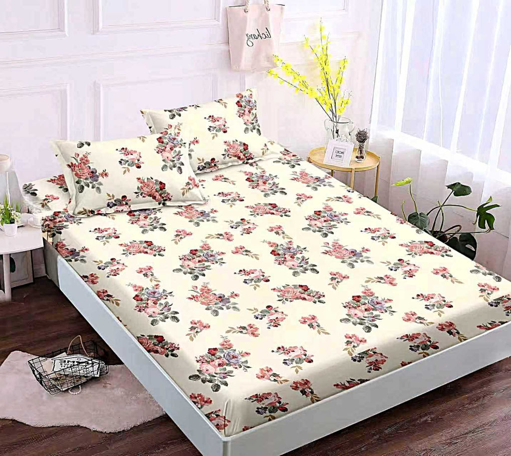husa cu elastic bumbac finet pat dublu crem flori CFJ66