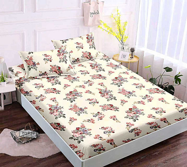 husa cu elastic bumbac finet pat dublu crem flori CFJ66