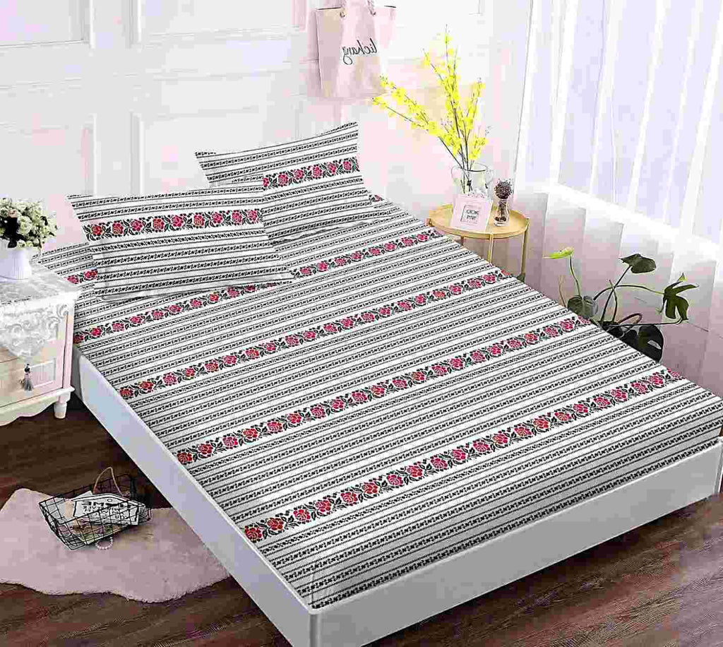 husa cu elastic bumbac finet pat dublu gri rosu traditional CFJ03