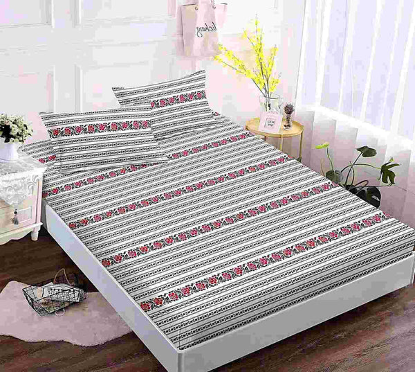 husa cu elastic bumbac finet pat dublu gri rosu traditional CFJ03