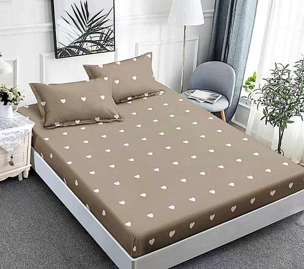 husa cu elastic bumbac finet pat dublu  maro inimioare CFJ75