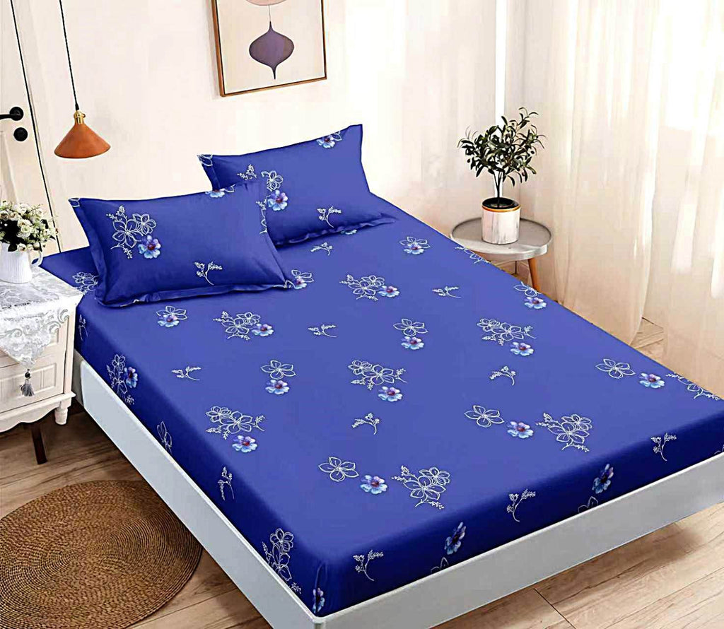 husa cu elastic bumbac finet pat dublu albastru flori CFJ70