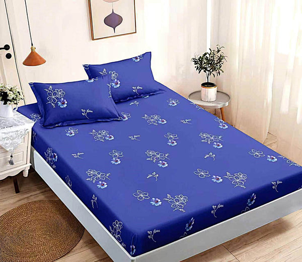 husa cu elastic bumbac finet pat dublu albastru flori CFJ70