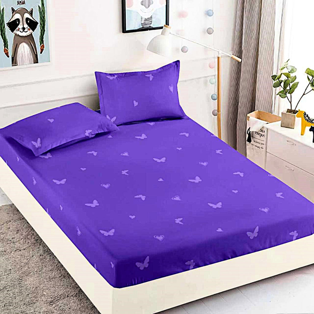 husa cu elastic bumbac finet pat dublu mov fluturi CFJ58