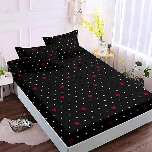 cearceafuri cu elastic bumbac finet pat dublu negru rosu alb inimioare CFJ192