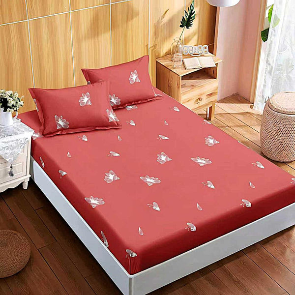 cearceafuri cu elastic bumbac finet pat dublu rosu alb flori CFJ195