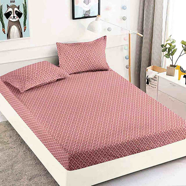 husa cu elastic bumbac finet pat dublu roz geometric CFJ04