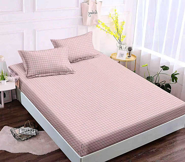 husa cu elastic bumbac finet pat dublu roz patratele geometric CFJ98