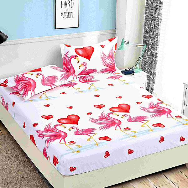 husa cu elastic bumbac finet pat dublu alb roz flamingo CFJ105