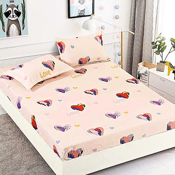 cearceafuri cu elastic bumbac finet pat dublu roz multicolor inimioare CFJ196