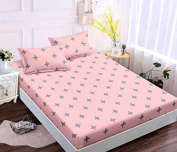husa cu elastic bumbac finet pat dublu roz stele CFJ06