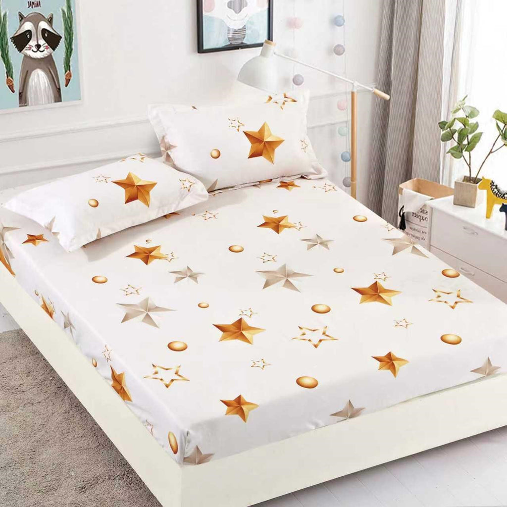 cearceaf cu elastic bumbac finet pat dublu alb stele CFJ130