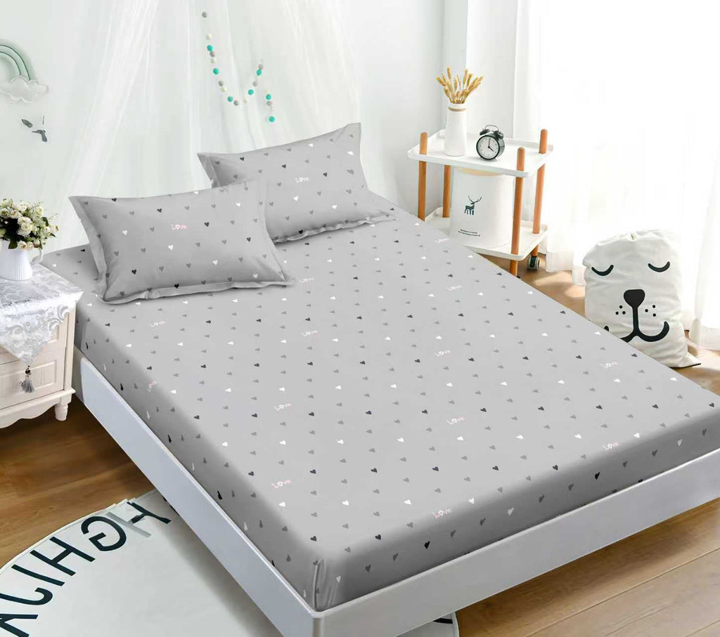 cearceaf cu elastic bumbac finet pat dublu gri inimioare CFJ132