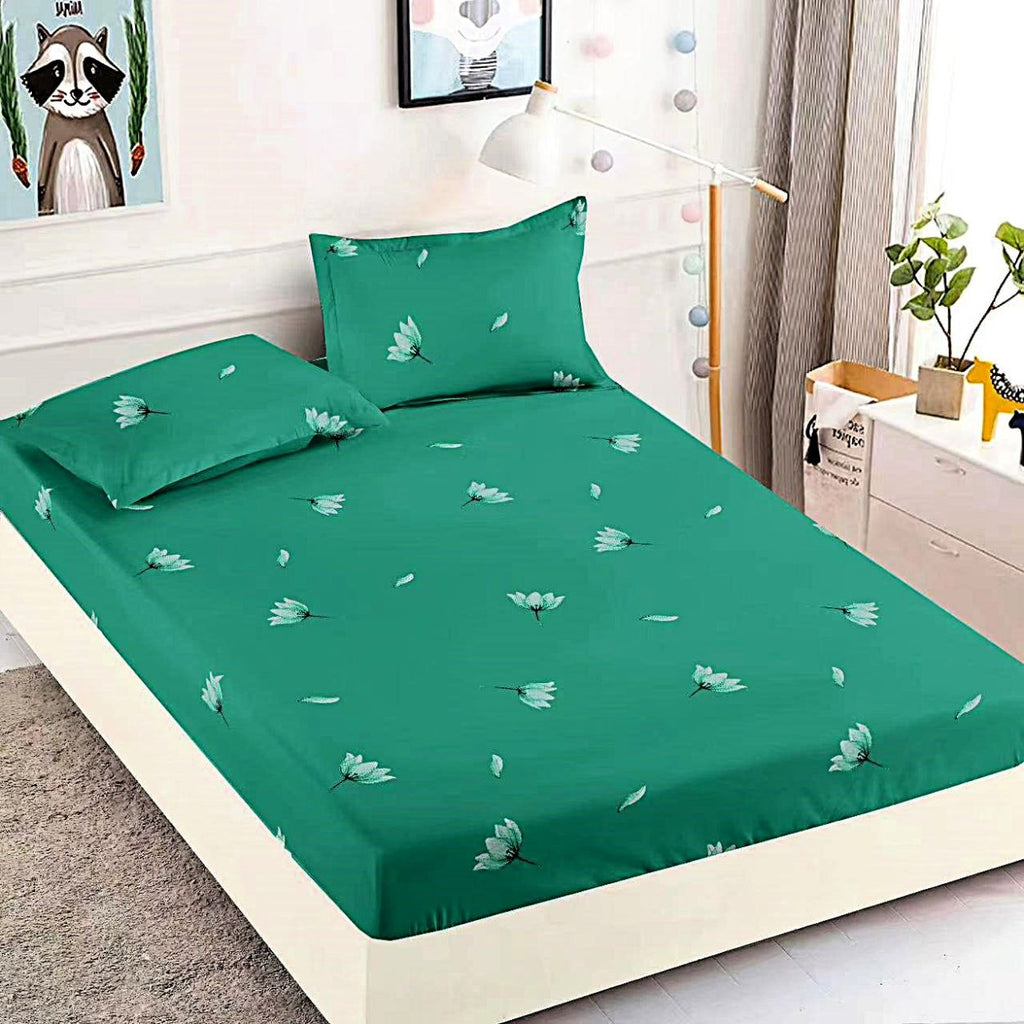 cearceaf cu elastic bumbac finet pat dublu verde flori CFJ138