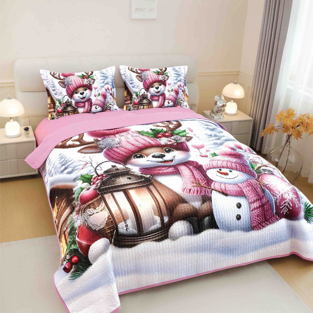 Cuvertura Matlasata Pat Dublu Print 5D Craciun Roz Ren CMQ15