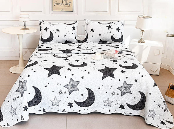 cuverturi de pat matlasate 1+1 gratis alb negru stele luna CM222B