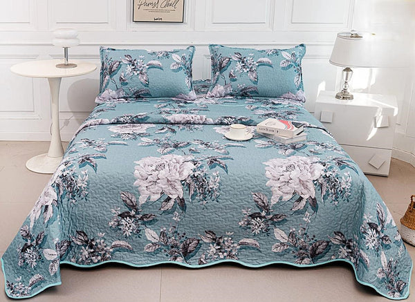 cuverturi de pat matlasate 1+1 gratis albastru alb flori CM207B