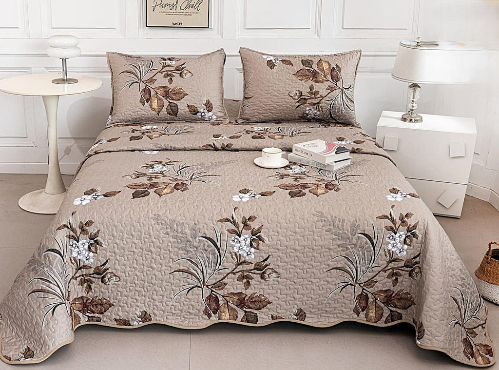 cuverturi de pat matlasate 1+1 gratis maro bej flori CM201A