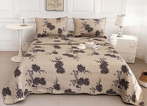 cuverturi de pat matlasate 1+1 gratis maro bej flori CM201B