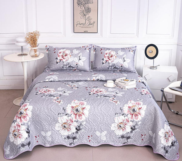 Cuverturi de Pat Matlasate 1+1 Gratis Gri Floral CM339A