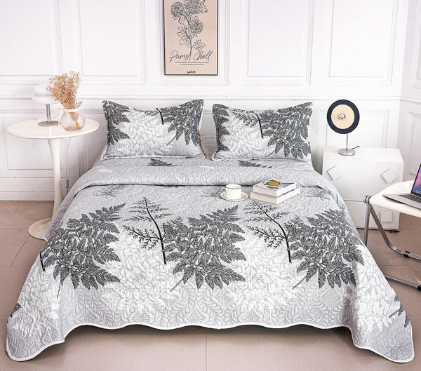 Cuverturi de Pat Matlasate 1+1 Gratis Alb Gri Frunze CM321A