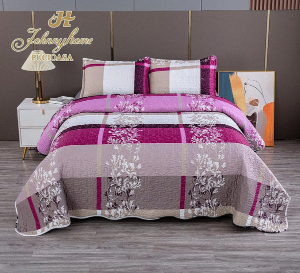 Cuverturi de Pat Matlasate 1+1 Gratis Roz Gri Flori CV114B