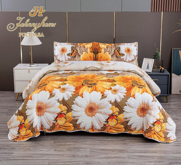 Cuverturi de Pat Matlasate 1+1 Gratis Orange Floral CV119A
