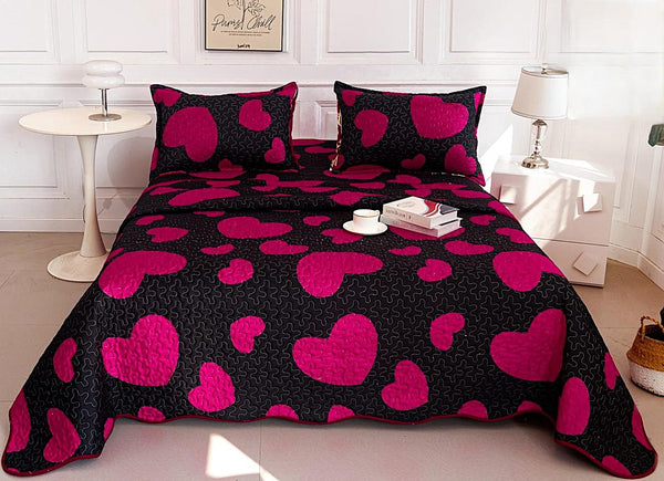 cuverturi de pat matlasate 1+1 gratis roz negru inimioare CM210A