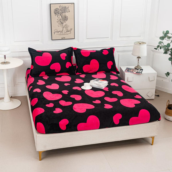 Huse de Pat cu Elastic Cocolino 160X200 Negre Inimioare Roz CCP102
