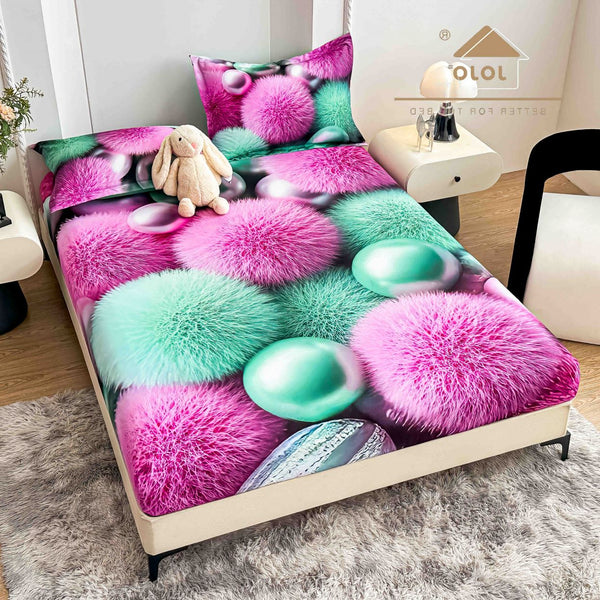 cearceaf cu elastic protectie finet digital print 3D 160x200 cm  roz turcoaz mingi 