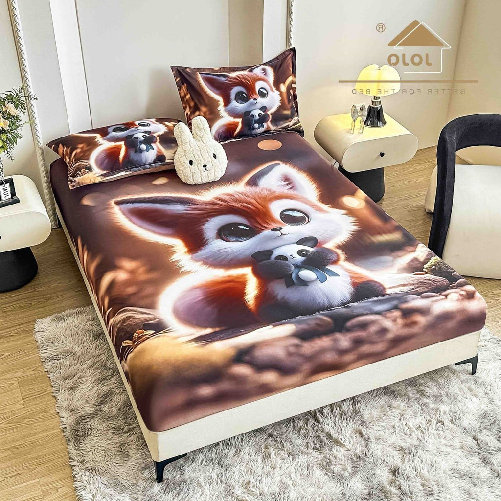 cearceaf cu elastic protectie finet digital print 3D 160x200 cm maro vulpe  