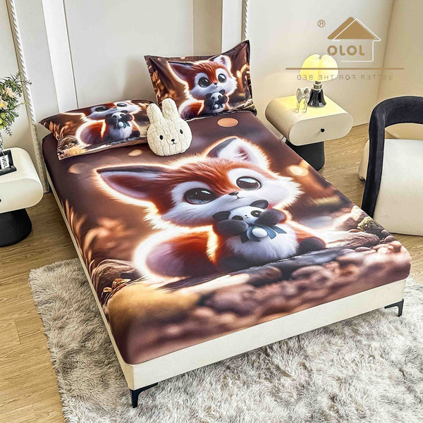 cearceaf cu elastic protectie finet digital print 3D 160x200 cm maro vulpe  