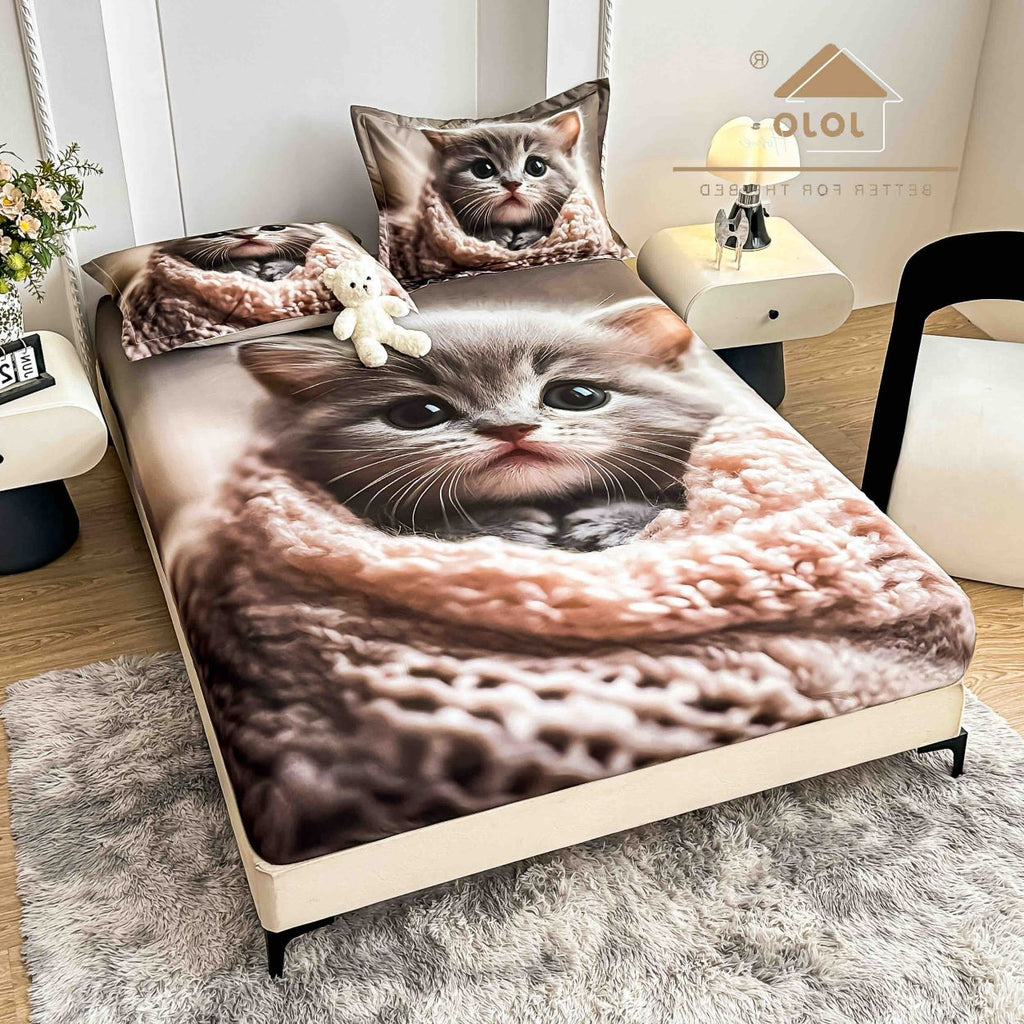 cearceaf cu elastic protectie finet digital print 3D 160x200 cm maro pisica 