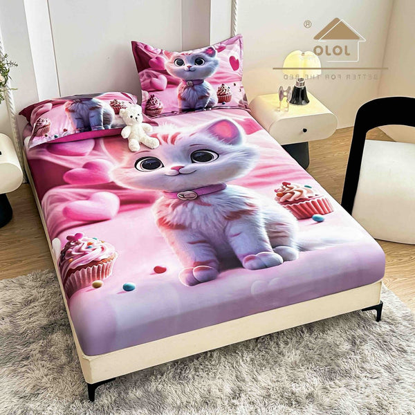 cearceaf cu elastic protectie finet digital print 3D 160x200 cm roz pisica briosa