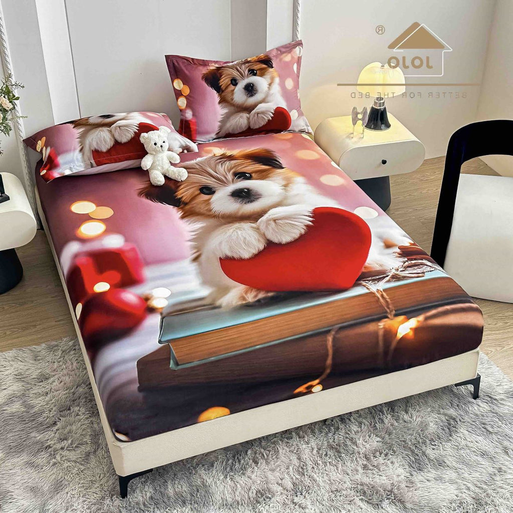 cearceaf cu elastic protectie finet digital print 3D 160x200 cm roz catel inima